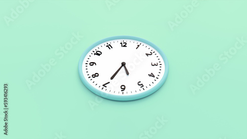 Green wall clock on a green background. Time concept. 3D rendering. Top View of a green wall clock isolated in a studio background. Copy space and central composition.