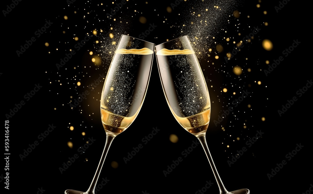 champagne flutes with sparkling confetti, bright backgrounds, light