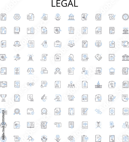 Legal outline icons collection. Law, Court, Rights, Contract, Attorney, Justice, Legislation vector illustration set. Litigation, Agreement, Hearings linear signs