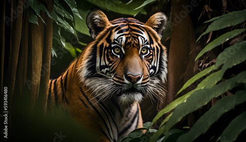 Sumatran tiger looking at the camera,tiger walking in tropical forest conservation .generative ai