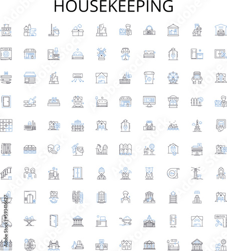 Housekeeping outline icons collection. cleaning, laundry, dusting, vacuuming, mopping, scrubbing, tidying vector illustration set. organizing, polishing, sweeping linear signs