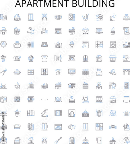 Apartment building outline icons collection. Apartment, Building, Block, Complex, Structure, Dwelling, High-rise vector illustration set. Multifamily, Residence, Tower linear signs