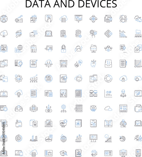 Data and devices outline icons collection. data, devices, computer, laptop, tablet, smartphone, server vector illustration set. cloud, network, internet linear signs
