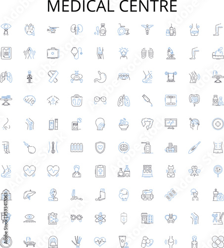 Medical centre outline icons collection. Clinic, Hospital, Health, Medical, Centre, Care, Treatment vector illustration set. Diagnosis, Physician, Surgery linear signs