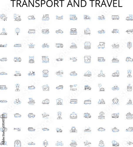 Transport and travel outline icons collection. Logistics, Planes, Boats, Trains, Roads, Ridesharing, Buses vector illustration set. Autos, Taxis, Cabs linear signs