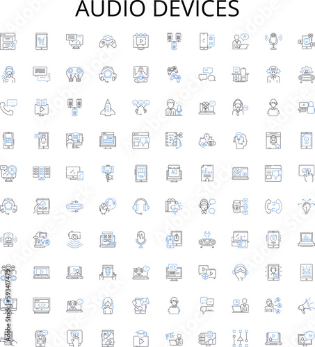 Audio devices outline icons collection. Speakers, Microphones, Amplifiers, Turntables, Headphones, Subwoofers, Recorders vector illustration set. Mixers, Dock, Players linear signs