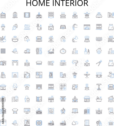 Home interior outline icons collection. Furnishings, Decor, Lighting, Paint, Sofas, Curtains, Carpets vector illustration set. Chairs, Wallpaper, Mirrors linear signs