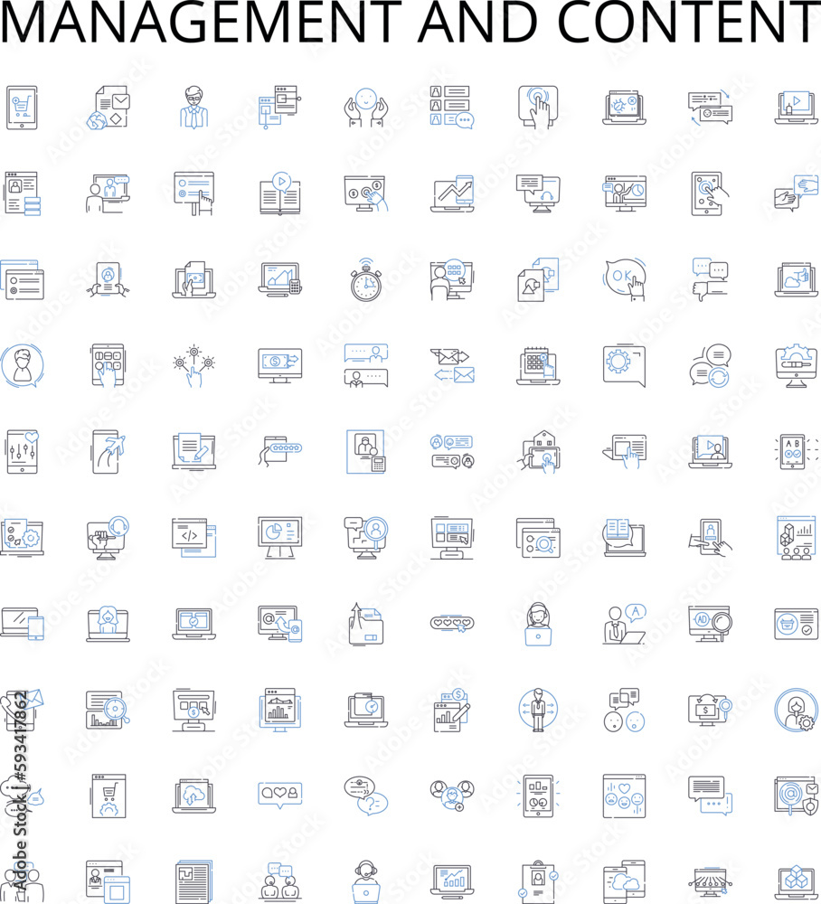 Management and content outline icons collection. management, content, strategy, planning, organization, leadership, coordination vector illustration set. collaboration, workflow, productivity linear