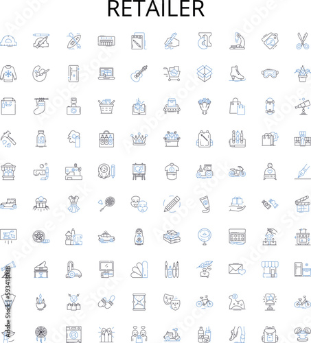 Retailer outline icons collection. Merchant, Vendor, Dealer, Seller, Outlet, Store, Boutique vector illustration set. Marketplace, Supermarket, Shopkeeper linear signs