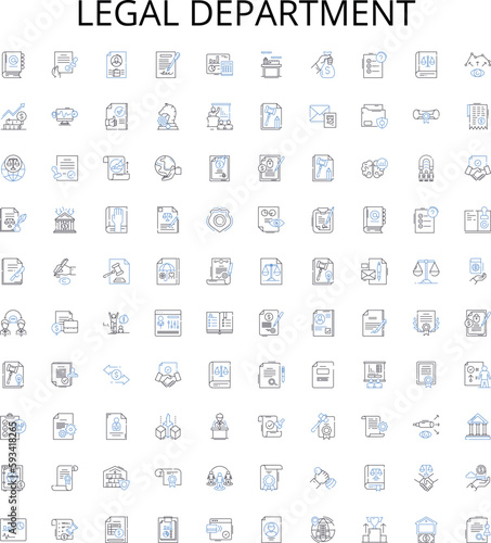 Legal department outline icons collection. Lawyer, Attorney, Litigation, Court, Compliance, Regulation, Contract vector illustration set. Document, Statute, Jurisdiction linear signs