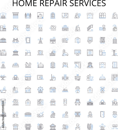 Home repair services outline icons collection. Home repair, Services, Maintenance, Construction, Plumbing, Remodeling, Electrical vector illustration set. Repairing, Painting, Carpentry linear signs