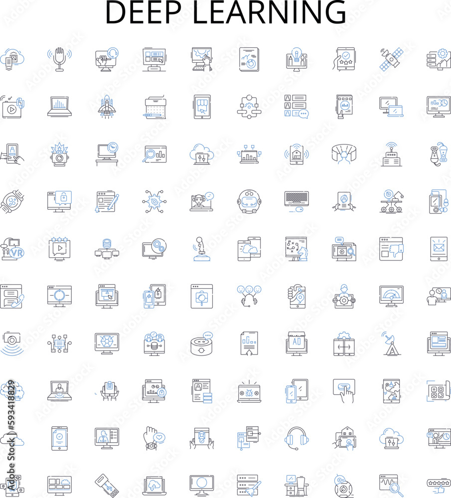 Deep learning outline icons collection. Deep, Learning, Neural, Networks, AI, Machine, Computer vector illustration set. Vision, Recognition, Data linear signs Deep learning outline icons collection. Deep, Learning, Neural, Networks, AI, Machine, Computer vector illustration set. Vision, Recognition, Data linear signs