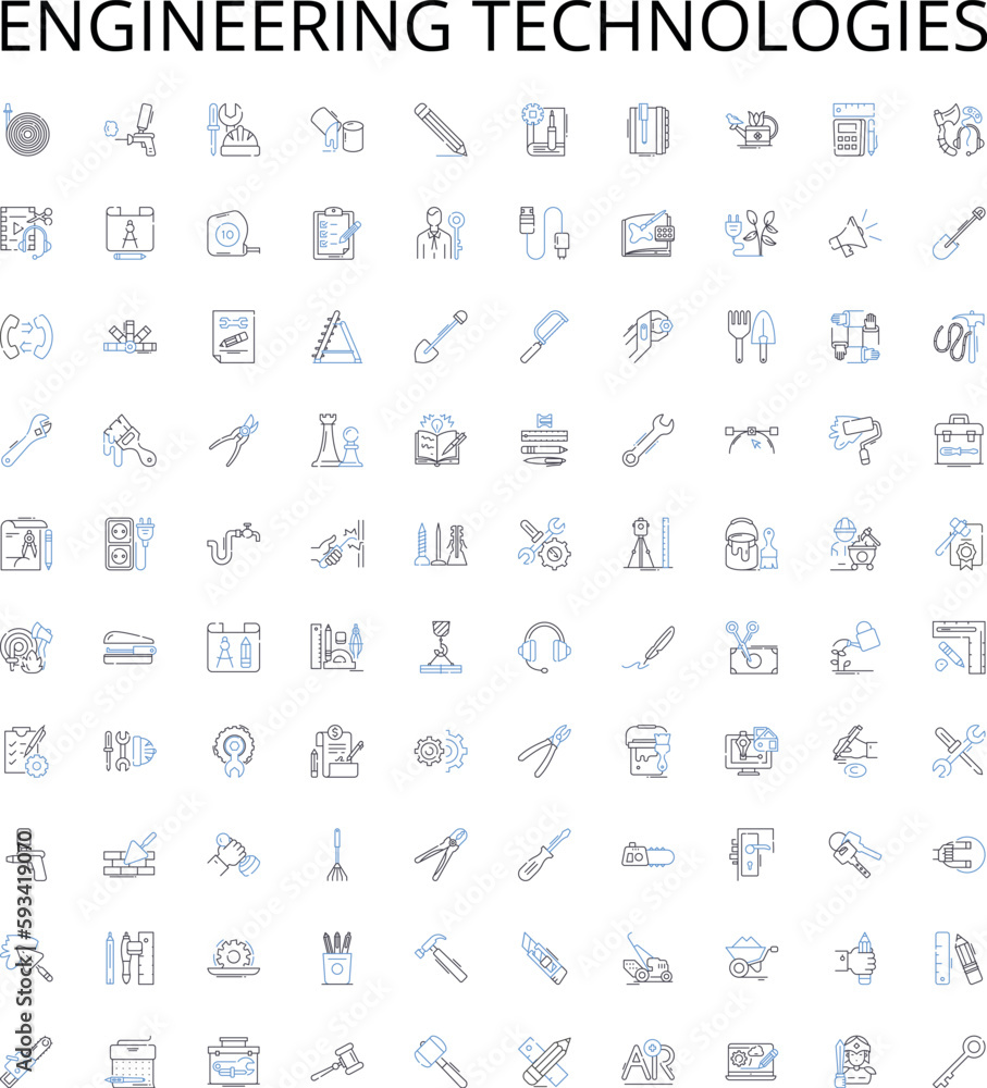 Engineering technologies outline icons collection. Technologies, Engineering, Mechanical, Civil, Electrical, Chemical, Electronics vector illustration set. Structural, Robotics, Aerospace linear signs Engineering technologies outline icons collection. Technologies, Engineering, Mechanical, Civil, Electrical, Chemical, Electronics vector illustration set. Structural, Robotics, Aerospace linear signs