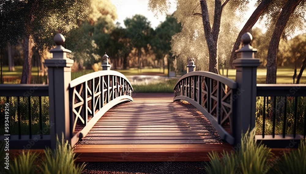 wooden bridge in the park, digital art illustration, Generative AI