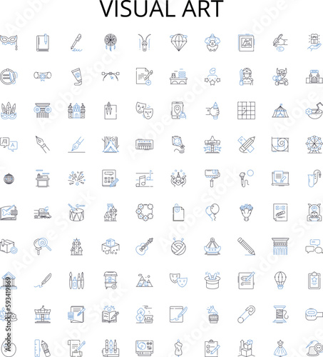 visual art outline icons collection. Painting, Drawing, Sculpture, Printmaking, Collage, Photography, Mixed-Media vector illustration set. Ceramics, Assemblage, Installation linear signs