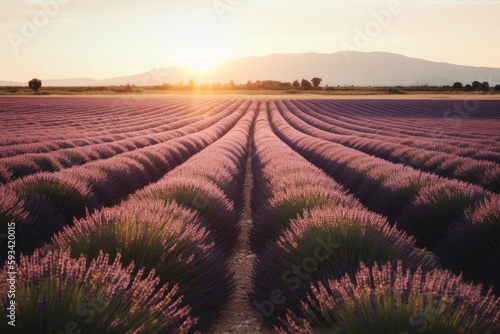 picturesque field of lavender flowers during a sunset. Generative AI