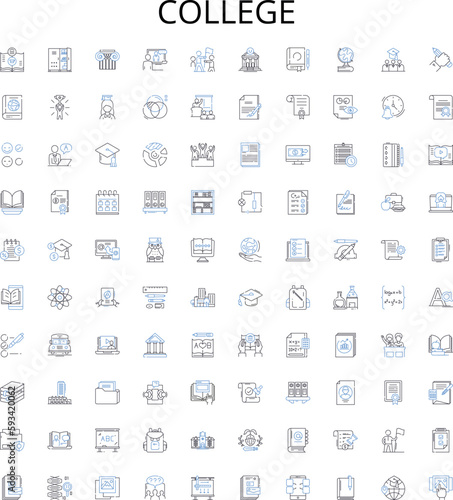 College outline icons collection. Education, University, Learning, Tuition, Campus, Major, Degree vector illustration set. Admission, Study, Student linear signs