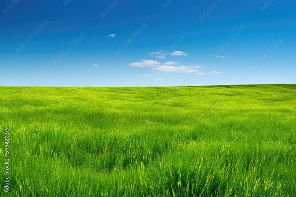 serene landscape with a lush green field and a clear blue sky. Generative AI