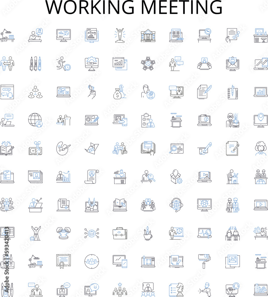 Working meeting outline icons collection. Meeting, Working, Business, Conference, Plan, Discuss, Task vector illustration set. Discussing, Team, Strategy linear signs Working meeting outline icons collection. Meeting, Working, Business, Conference, Plan, Discuss, Task vector illustration set. Discussing, Team, Strategy linear signs
