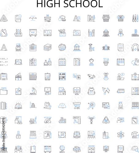High school outline icons collection. Highschool, Education, Academics, Learning, Students, Grades, Classes vector illustration set. Campus, School, Diploma linear signs