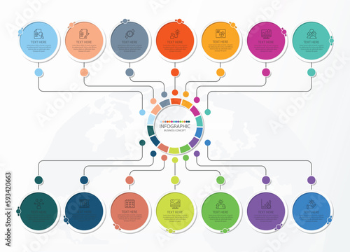 Process infographic with 14 steps, process or options.