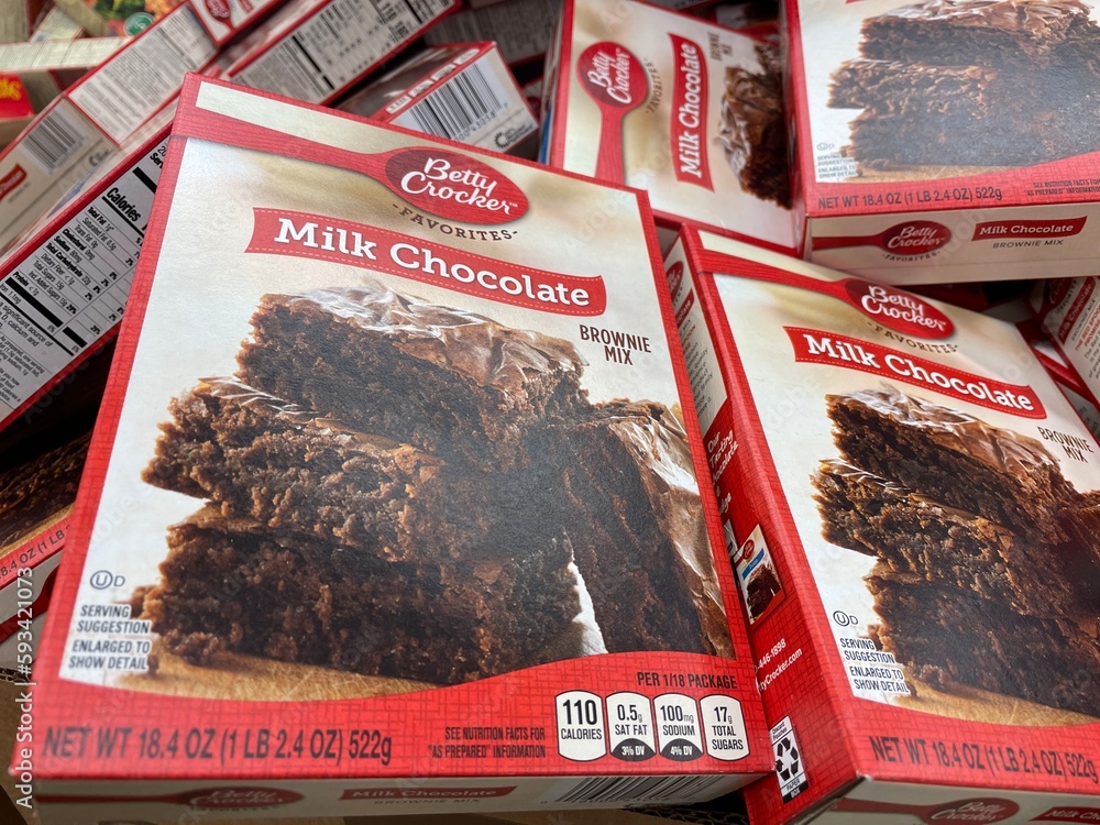 Grocery store Betty Crocker Milk chocolate cake mix in a pile Stock