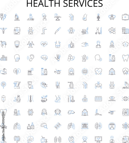 Health services outline icons collection. Healthcare, Services, Wellness, Medical, Treatment, Clinic, Care vector illustration set. Diagnosis, Prevention, Nursing linear signs