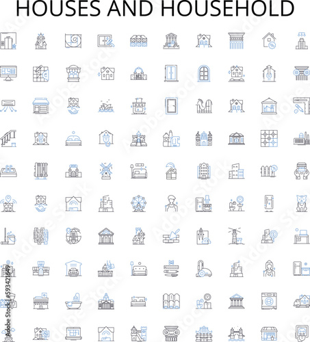 Houses and household outline icons collection. House, Household, Home, Dwelling, Residence, Abode, Villa vector illustration set. Cottage, Condo, Apartment linear signs