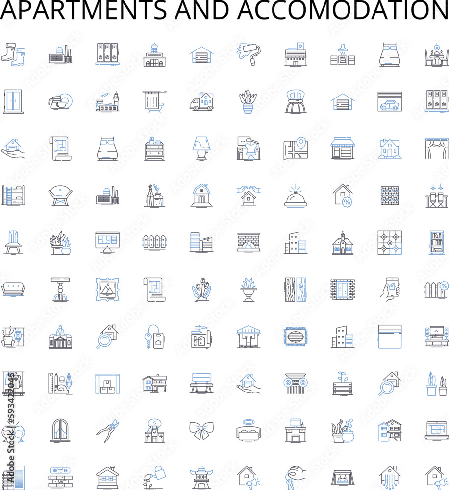 Apartments and accomodation outline icons collection. Accommodation, Apartments, Rentals, Bedsitters, Leases, Suites, Flats vector illustration set. Lodgings, Habitations, Pads linear signs Apartments and accomodation outline icons collection. Accommodation, Apartments, Rentals, Bedsitters, Leases, Suites, Flats vector illustration set. Lodgings, Habitations, Pads linear signs