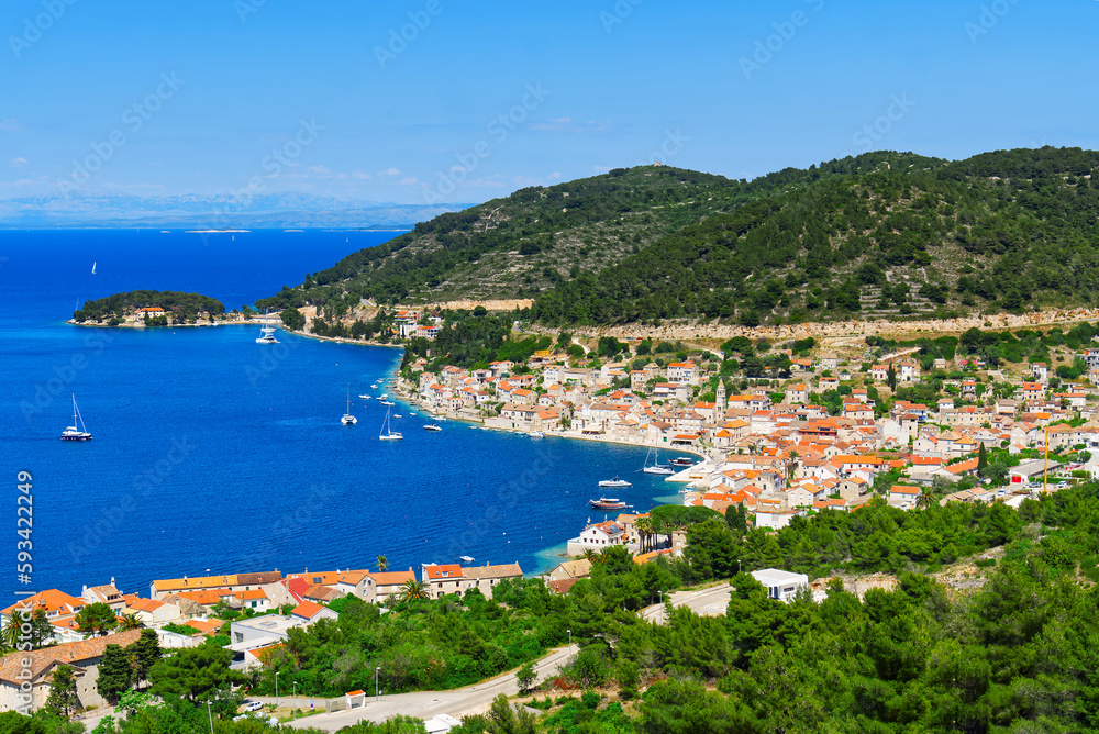 Island of Vis bay aerial view, Dalmatia, Croatia. Europe paradice Vis Island in bay of adriatic sea.
