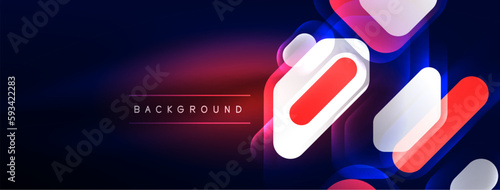 Glowing neon geometric elements abstract background. Neon light or laser show, electric impulse, power lines, techno quantum energy impulse, magic glowing dynamic lines