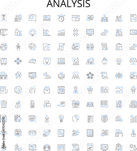 Analysis outline icons collection. Examine, Analyze, Investigate, Study, Evaluate, Scrutinize, Interpret vector illustration set. Inspect, Explore, Breakdown linear signs
