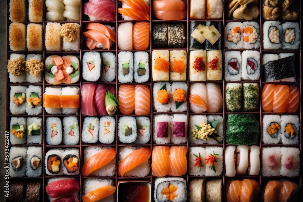 sushi platter with a variety of different sushi rolls and nigiri. Generative AI