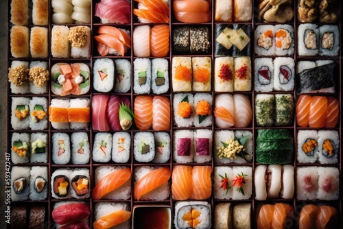sushi platter with a variety of different sushi rolls and nigiri. Generative AI