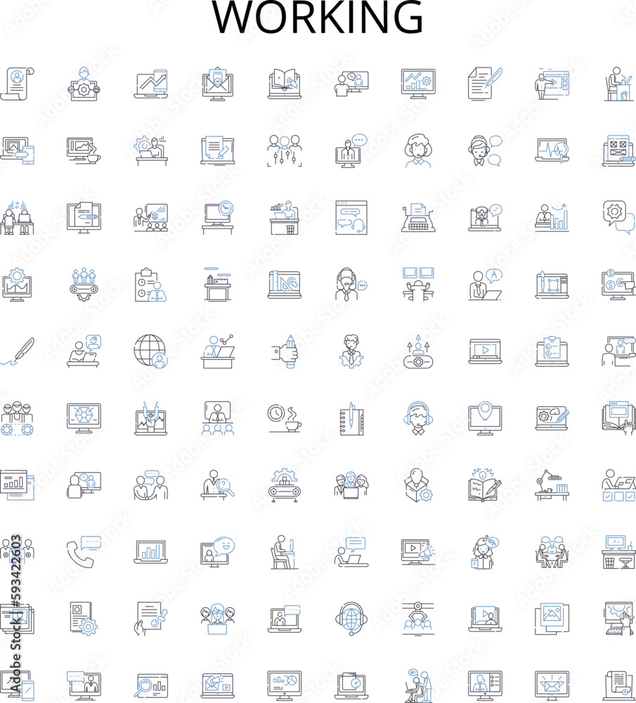 Working outline icons collection. Employing, Occupying, Laboring, Functioning, Earning, Performing, Executing vector illustration set. Operating,Plying,Acting linear signs Working outline icons collection. Employing, Occupying, Laboring, Functioning, Earning, Performing, Executing vector illustration set. Operating,Plying,Acting linear signs
