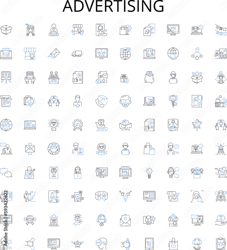 Advertising outline icons collection. Promotion, Branding, Publicity, Media, Placement, Campaign, Reach vector illustration set. Audience, Visibility, Exposure linear signs Advertising outline icons collection. Promotion, Branding, Publicity, Media, Placement, Campaign, Reach vector illustration set. Audience, Visibility, Exposure linear signs