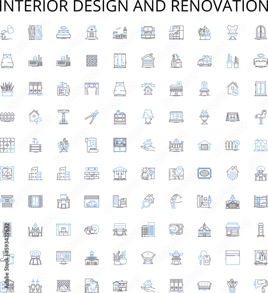Interior design and renovation outline icons collection. Decorating, Furnishing, Upholstery, Wallcovering, Lighting, Refurbishment, Styling vector illustration set. Space-planning, Finishing Interior design and renovation outline icons collection. Decorating, Furnishing, Upholstery, Wallcovering, Lighting, Refurbishment, Styling vector illustration set. Space-planning, Finishing