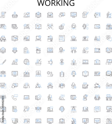 Working outline icons collection. Employing, Occupying, Laboring, Functioning, Earning, Performing, Executing vector illustration set. Operating,Plying,Acting linear signs