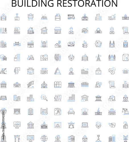 Building restoration outline icons collection. Rebuilding, Preservation, Renovation, Rehabilitation, Refurbishment, Conserve, Repair vector illustration set. Maintenance, Reinforcement, Upgrading