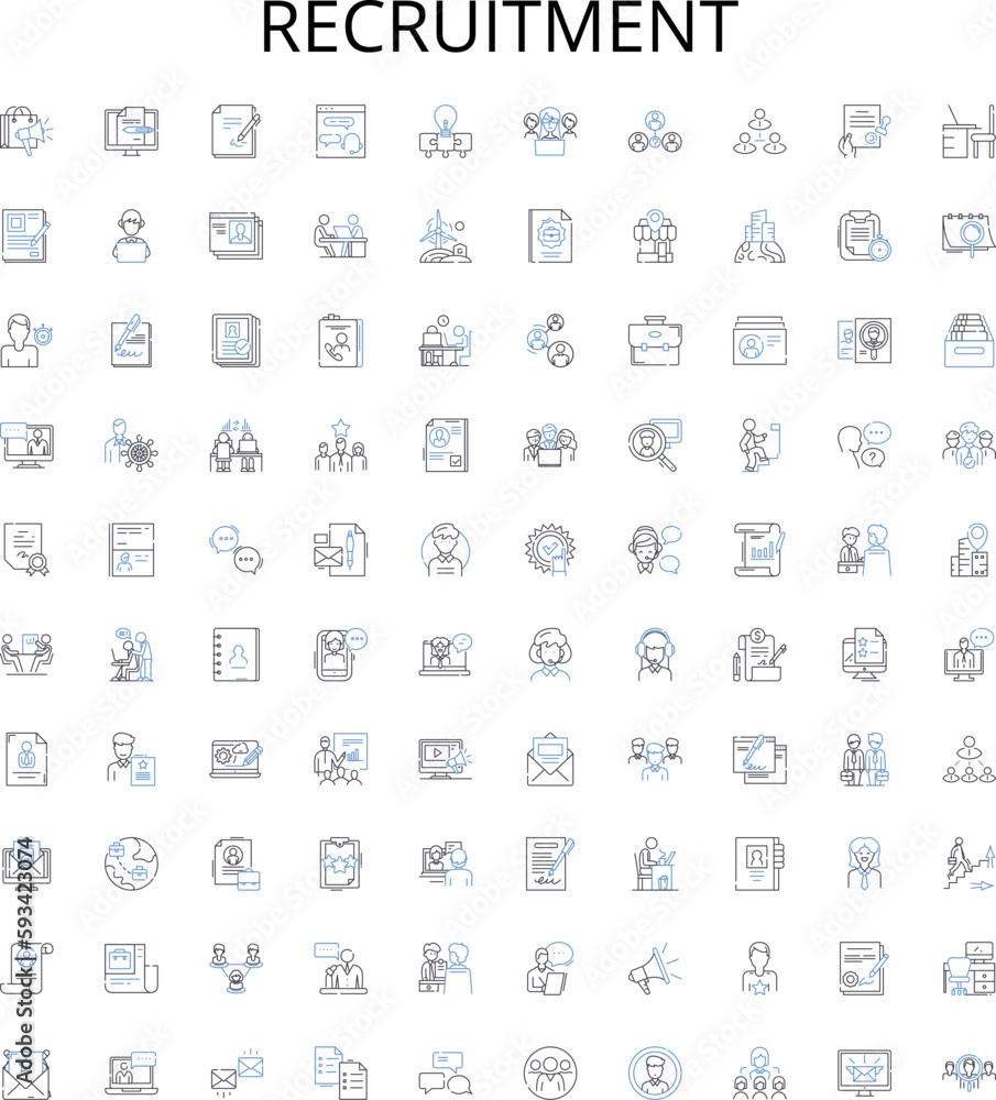 Recruitment outline icons collection. Hiring, Interviews, Staffing, Job-seeking, CVs, Candidates, Skills vector illustration set. Resumes, Networking, Outreach linear signs Recruitment outline icons collection. Hiring, Interviews, Staffing, Job-seeking, CVs, Candidates, Skills vector illustration set. Resumes, Networking, Outreach linear signs