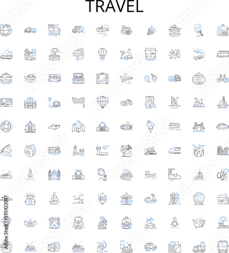 Travel outline icons collection. Trip, Tour, Journey, Voyage, Explore, Vacation, Fly vector illustration set. Adventure, Sightsee, Road Trip linear signs