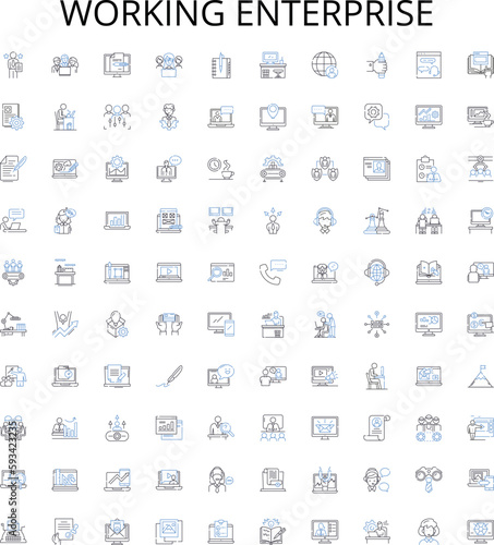 Working enterprise outline icons collection. Enterprise, Working, Business, Organization, Firm, Company, Corporation vector illustration set. Department, Project, Office linear signs
