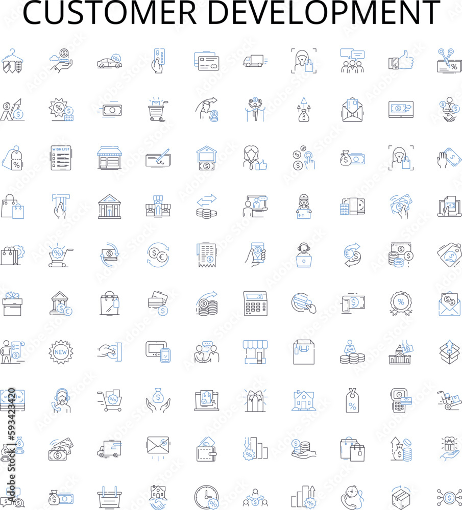 Customer Development outline icons collection. Customer, Development, Research, Interaction, Experience, Service, Support vector illustration set. Satisfaction, Engagement, Perception linear signs Customer Development outline icons collection. Customer, Development, Research, Interaction, Experience, Service, Support vector illustration set. Satisfaction, Engagement, Perception linear signs