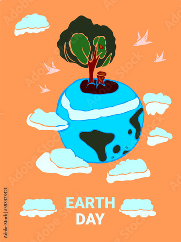 22 april non profit earth day poster. Fun earth globe with cloud on the orange background
