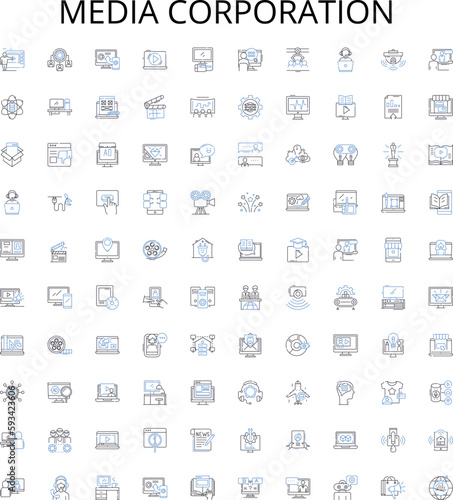 Media corporation outline icons collection. Media, Corporation, Publishing, News, Print, Digital, Network vector illustration set. Broadcast, Content, Video linear signs