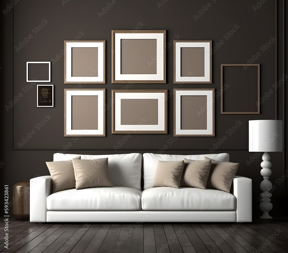 Fototapeta premium Soft Pastel Colors, Comfortable Couch, and Eye-Catching Picture Frames: Welcome to Your Dream Living Room The soft pastel colors in this living room create a cozy and inviting atmosphere