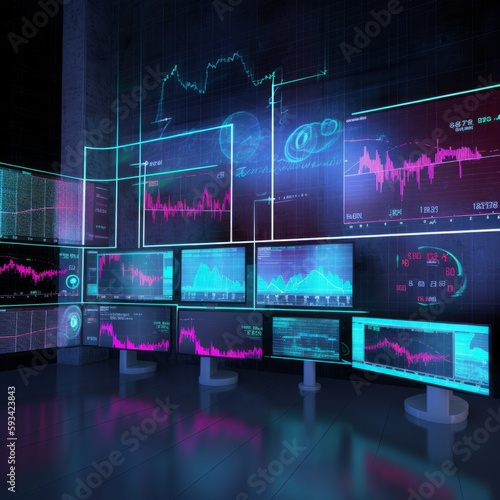 Futuristic screens showing charts