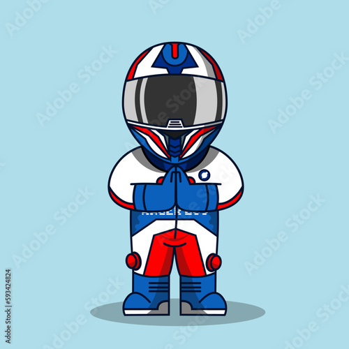 Cute racer with hand gesture apologizing vector illustration.