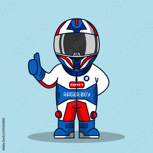 Cute racer with helmet and thumbs up vector illustration.