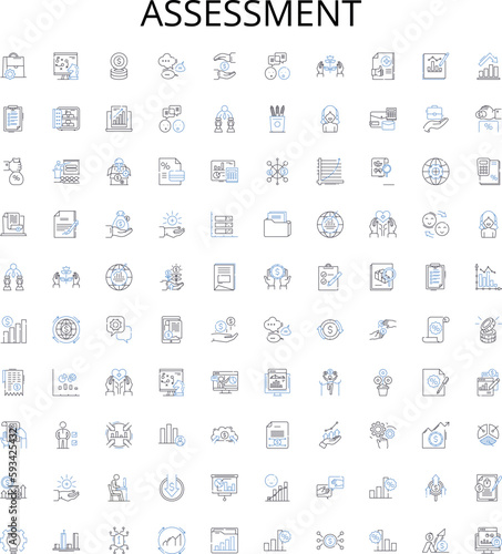 Assessment outline icons collection. testing, evaluation, examination, appraisal, grading, survey, rating vector illustration set. measuring, analyse, measure linear signs